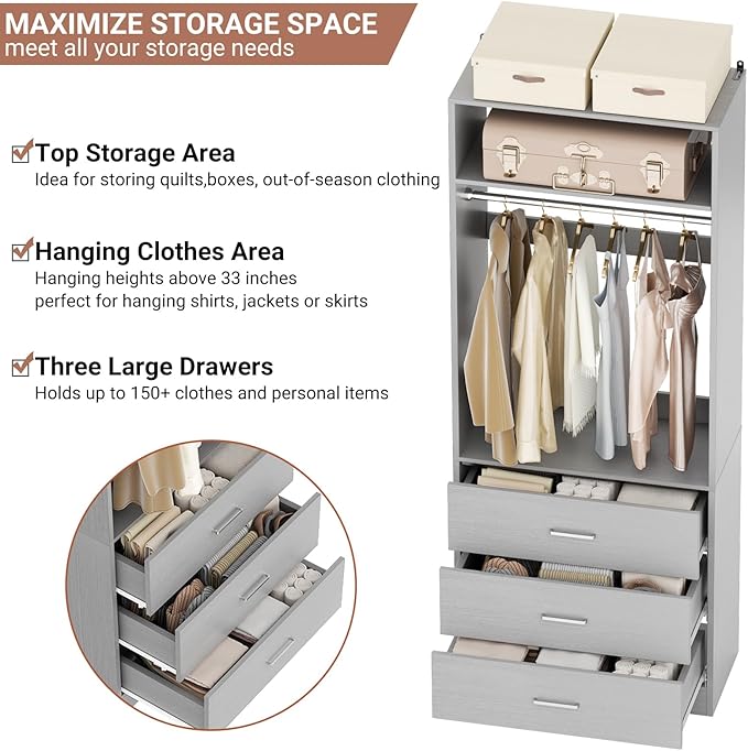 Freestanding 2FT Closet System with 3 Wood Drawers, 24" Closet Organizer System with Hanging Rod & Shelves, Walk-in Closet Systems for Small Closets, Grey (24"L x 15" W x 80" H)