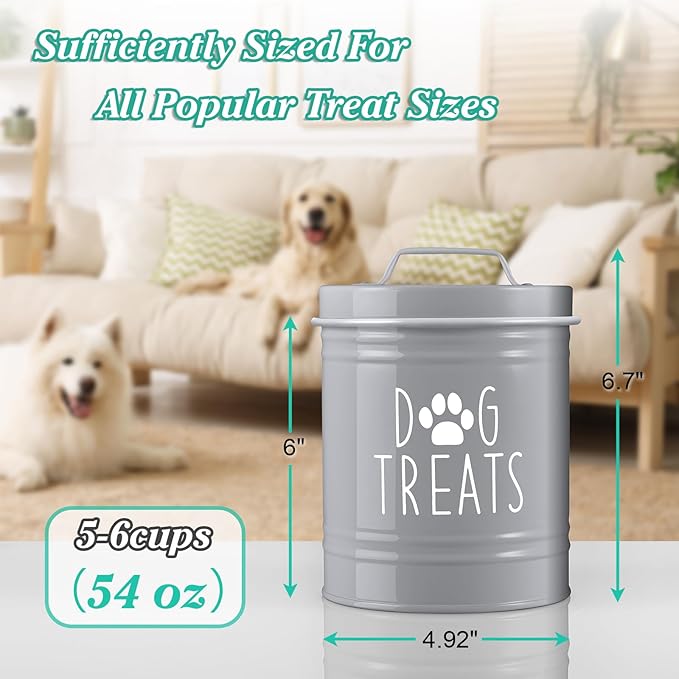 Small Dog Treat Container Airtight - 6" Tall X 4.9" Round Gray Dog Treat Jar for Kitchen Counter - Rustic Treat Storage Canister for Dogs, Cats, Small Animals - Gifts for Pet Owners