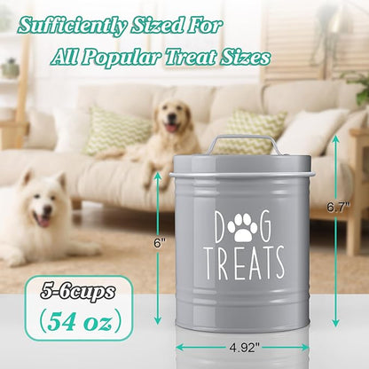 Small Dog Treat Container Airtight - 6" Tall X 4.9" Round Gray Dog Treat Jar for Kitchen Counter - Rustic Treat Storage Canister for Dogs, Cats, Small Animals - Gifts for Pet Owners