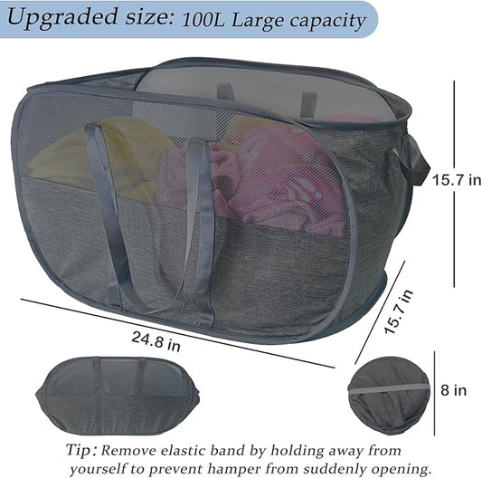 Upgraded 100L Collapsible Laundry Basket, Extra Large Mesh Pop Up Laundry Hamper, Dirty Clothes Hamper with long Handles, Pop-up Hampers for Laundry Travel. Dorm or Home Portable Laundry Basket. Black