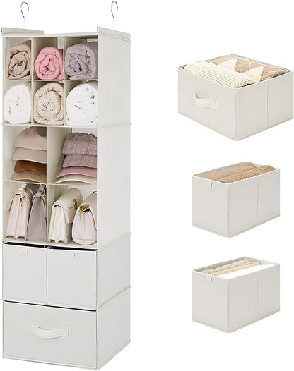 GRANNY SAYS Hanging Closet Organizer with Drawers, 6 Shelf Dividers Closet Hanging Organizer, Portable Foldable Hanging Shelves for Closet, Dorm Room, Bedroom, Kids Room, Beige