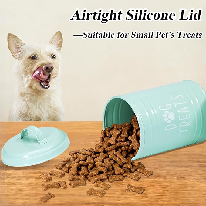 Dog Treat Container Airtight, Dog Treat Jar with Lid - 9x5.5'' Metal Dog Cookie Jar for Farmhouse Kitchen Counter, Green Pet Treat Container, Dog Treat Storage Container for Dogs, Cats