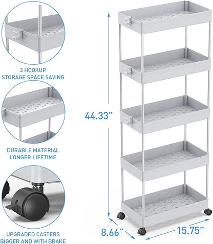 SPACEKEEPER 5-Tier Rolling Cart, Bathroom Storage Organizer Utility Cart, Mobile Shelving Unit Slide Out Shelves for Kitchen Living Room Laundry Room & Dressers,Gray