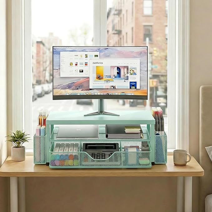 2 Tier Monitor Stand, Computer Monitor Riser, Office Desk Accessories, Desk Organizer Desk Shelf Printer Stand, Green