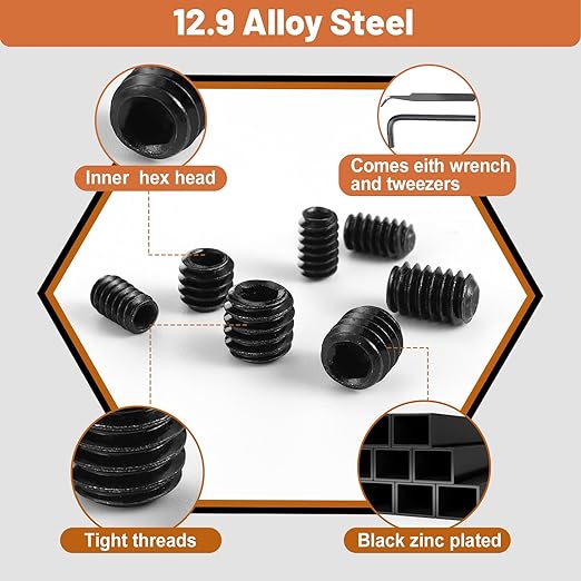 500 Pcs 25 Size Set Screws Metric&SAE Set Screw Assortment Kit 12.9 Alloy Steel Head Socket Metric Set Screws for Bathroom Fixtures Door Handles(M3-M8, 1/8"-40 to 5/16"-18)