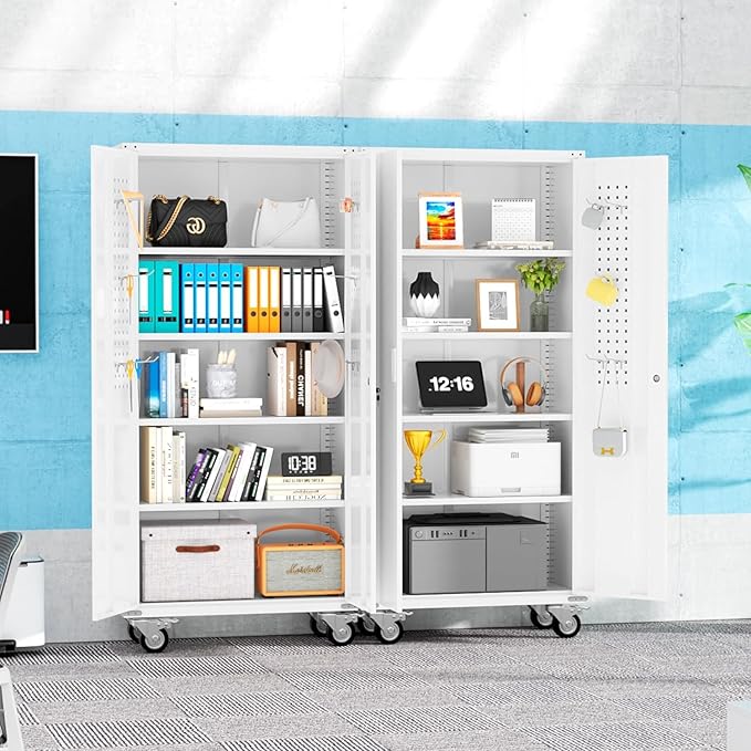 INTERGREAT Metal Garage Storage Cabinets, Lockable Rolling Tool Cabinet with Pegboard and Shelves, 75" Tall Heavy-Duty File Cabinet with Wheels for Garage, Basement, Warehouse, White