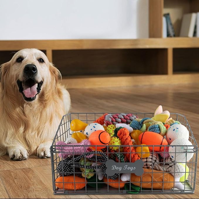Dog Toy Basket Medium,Pet Storage Toys Box Metal Organizer Bin Dogs Wire Rack Container for Food Baskets Living Room Bins Plastic Supplies Boxes Puppy Cat Chest Organizers Treat Cabinet Gray Crate