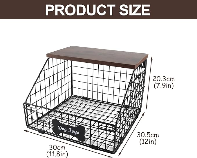 Metal Dog Toy Basket (11.8"x12"x8"),Dog Storage Organizer,Trapezoid Dog Toy Bin for Dog Accessories,Pet Stuff Storage Rack with Wood Shelf-Sturdy and Easy to Assemble