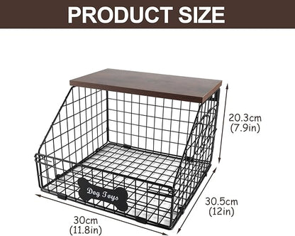Metal Dog Toy Basket (11.8"x12"x8"),Dog Storage Organizer,Trapezoid Dog Toy Bin for Dog Accessories,Pet Stuff Storage Rack with Wood Shelf-Sturdy and Easy to Assemble