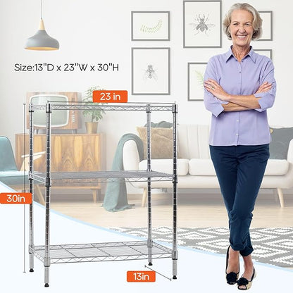 BestOffice 23Lx13.2Wx30.2H Adjustable Metal Storage Shelves 3-Tier Wire Shelving Unit Organizer Wire Rack 450Lbs Capacity for Small Places Kitchen Garage,Chrome
