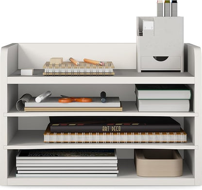 Ballucci File Organizer, 4-Tier Office Desk Organizer, Open Top Wood Paper Organizer for Classroom, Mail Sorter Paper Tray with Adjustable Storage Shelves, White