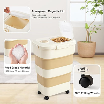 40-50lbs Dog Food Storage Container, Large Capacity Collapsible Airtight Pet Food Storage Containers with Rolling Wheels, Transparent Lid, Scoop and Date Track, Brown
