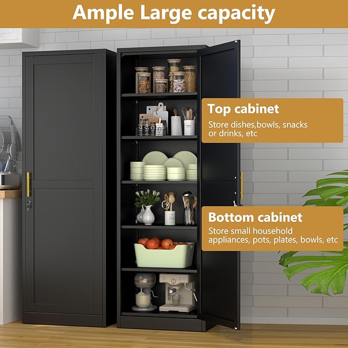 Metal Storage Cabinet with Lock and 5 Adjustable Shelves, Steel File Cabinets, Kitchen Pantry Cabinet Locker Organizer - 67" Tall Storage Cabinets for Kitchen,Bathroom,Bedroom,Office,Black
