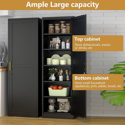 Metal Storage Cabinet with Lock and 5 Adjustable Shelves, Steel File Cabinets, Kitchen Pantry Cabinet Locker Organizer - 67" Tall Storage Cabinets for Kitchen,Bathroom,Bedroom,Office,Black