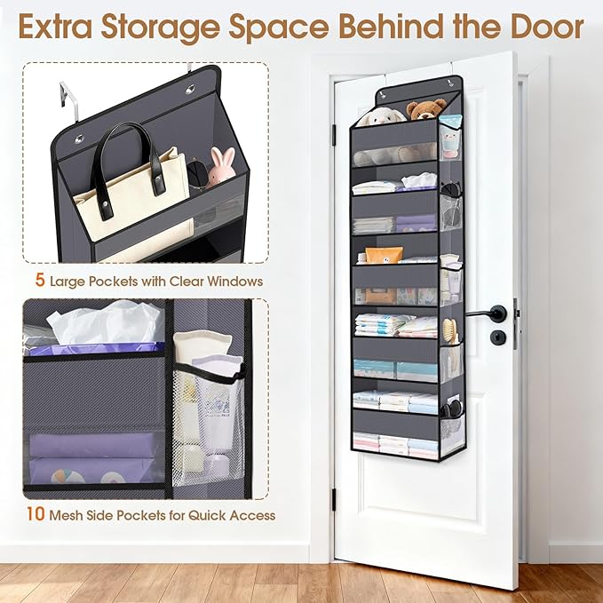 WISELIFE Over The Door Organizer Storage with 5 Large Pockets Door Hanging Organizer with Clear Windows behind The Door Storage for Nursery Bedroom Bathroom Pantry Closet and Baby Essentials Dark Grey