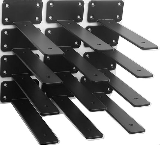 16 Pack - 9 inch Black Hidden L Shelf Bracket (1/5 Inch Thicked) Iron Floating Shelf Brackets Rustic Industrial Metal Brackets for Shelf Support