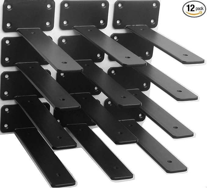 12 Pack - 9 inch Black Hidden L Shelf Bracket (1/5 Inch Thicked) Iron Floating Shelf Brackets Rustic Industrial Metal Brackets for Shelf Support