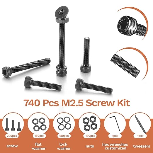 740 Pcs M2.5 Screws Kit M2.5 Screw Assortment Nuts and Bolts Assortment Kit Metric Machine Screw Kit, 12.9 Alloy Steel Black Zinc Plated Hex Socket Head Screws Nuts Bolts and Washers Set