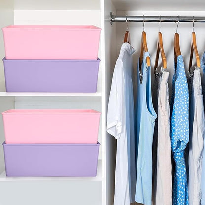 Menkxi 6 Pcs Large Plastic Storage Bins with Lids 14.4 x 10.4 x 5.1 Inch Stackable Storage Containers Decorative Cubby Organizer for Clothes Shelves Garage Closet Office (Pink, Purple)