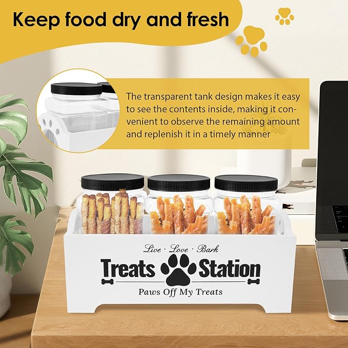 Dog Treat Container with 3 Plastic Treat Jars Wood Dog Food Container with Handles Dog Food Storage Container Decorative Cat Food Container for Dog Food Storage (White)