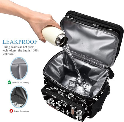 MIYCOO Lunch Bag & Lunch Box for Women Men, Double Deck Leakproof Insulated Soft Large Adult Camping Cooler bag for Work, Beach, Picnic, Travel (White Flower, 15L)