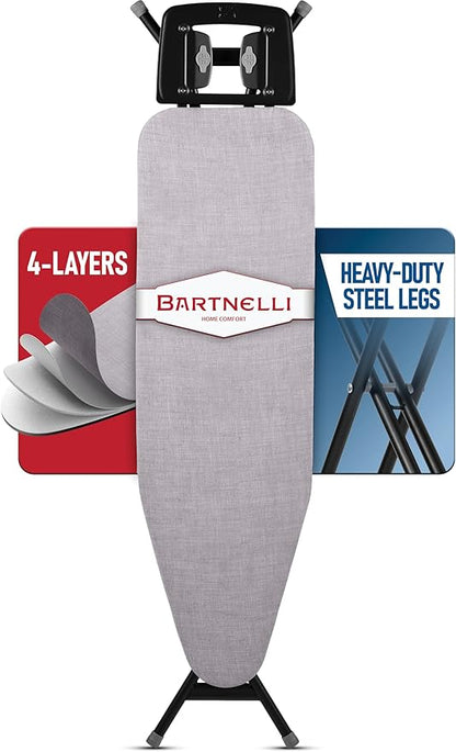 Bartnelli Extreme Stability Ironing Board 43x13 Upgraded Heavy-Duty Metal Frame & Iron Rest, Height Adjustable, Foldable, 4 Non-Skid Feet, 4-Layer Cover & Pad, Made with Patent European Engineering