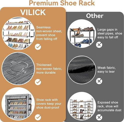Shoe Rack with Cover, 8 Tier Tall Shoe Organizer Storage for 36-45 Pair Shoes and Boots Large Shoe Storage Shelf Free Standing Shoe Rack for Closet, Front Door Entrance, Dorm, Garage, Printing