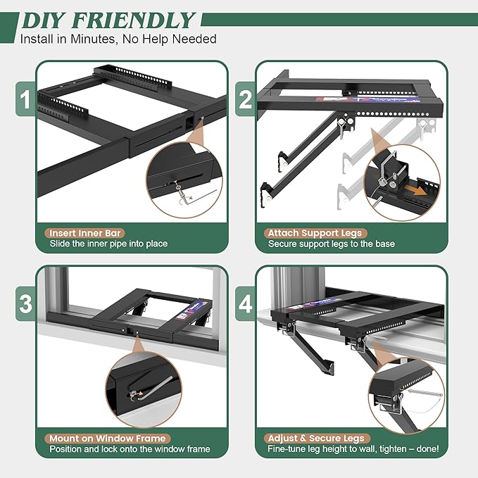 Upgraded No-Drill Window AC Bracket, Adjustable Window Air Conditioner Support for Single/Double Hung Windows, Heavy-Duty Holds 250lbs,Easy Installation, Rustproof Aluminum, Renter Friendly
