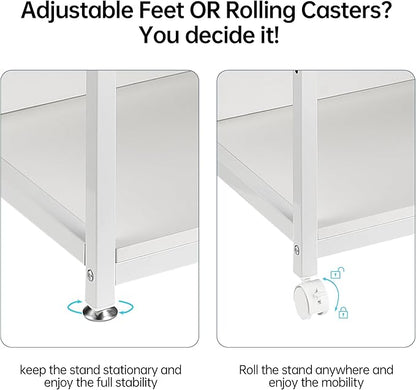 4 Tier White Printer Stand Table with Adjustable Shelves, Movable Printer Shredder Stand with Wheels for Home Office Storage and Organization, Rolling Cart for Computer Tower CPU