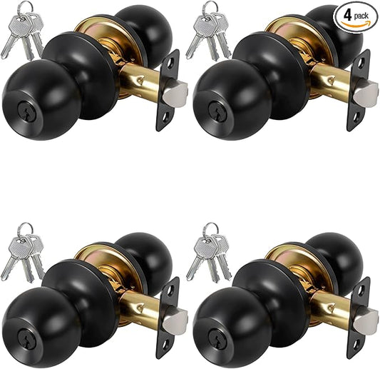 4 Pack Keyed Entry Door Knob with Lock and Key, Exterior and Interior Door Knob for Bedroom or Bathroom, Matte Black, Not Keyed Alike