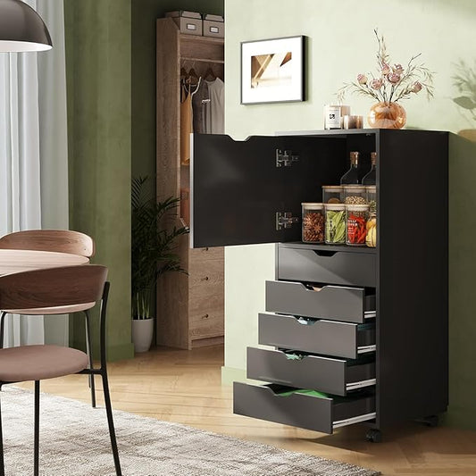 DEVAISE 5-Drawer Wood File Cabinet, Mobile Filing Cabinet with 1 Door, Wide Storage Space for Home Office, Black