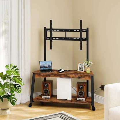 Mobile TV Stand with Charging Station and Adjustable Mount, 2-Tier Rolling TV Console Table for TVs up to 70 inch, for Living Room, Bedroom, Rustic Brown and Black TDS10UBF