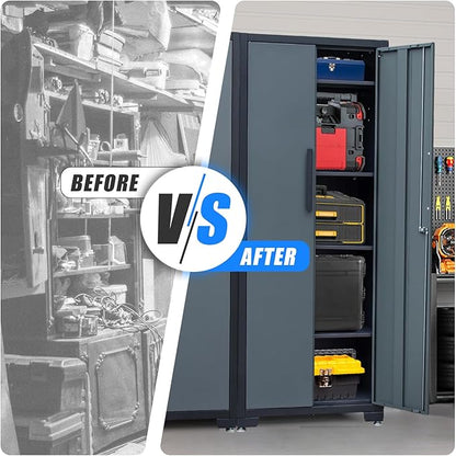 Metal Garage Storage Cabinet with 4 Adjustable Shelves and Locking Doors 75-inch Tall Tool Organizer Steel Lockers for Home, Office, Warehouse, Garage, 1Pc (Assembly Required)