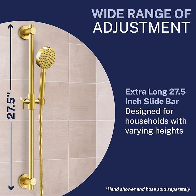 HammerHead Showers® Solid Metal 27.5 Inch Shower Slide Bar for Hand Held Shower Heads, Brushed Gold | Adjustable Height Showerhead with Hose Rail System | Easily Adjust Height & Angle of Handshower