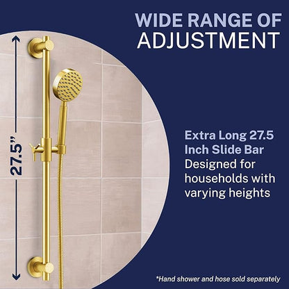 HammerHead Showers® Solid Metal 27.5 Inch Shower Slide Bar for Hand Held Shower Heads, Brushed Gold | Adjustable Height Showerhead with Hose Rail System | Easily Adjust Height & Angle of Handshower
