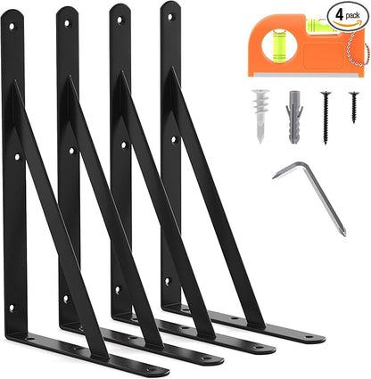 4-Pack 12 Inch Heavy Duty Shelf Brackets, Large Floating Wall Bracket for Garage Storage Shelves, Black Powder-Coated Finish, Load Capacity 800lbs
