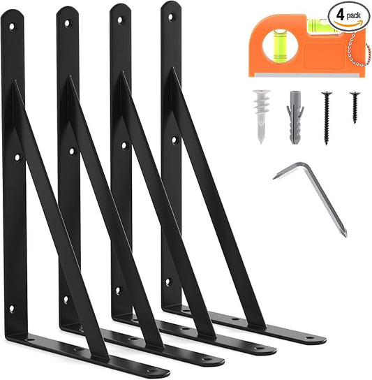 4-Pack 12 Inch Heavy Duty Shelf Brackets, Large Floating Wall Bracket for Garage Storage Shelves, Black Powder-Coated Finish, Load Capacity 800lbs