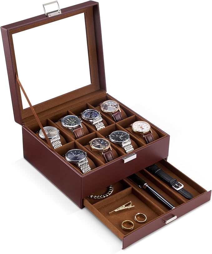 ProCase Watch Box, 8 Slot Watches Display Case with Drawer, Mens Watch Case with Glass Lid, 2-Layer Mens Jewelry Organizer Storage Holder, Birthday Valentine Gifts for Men -8 Slot, Espresso