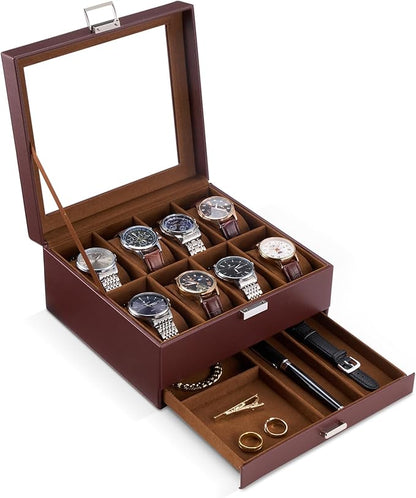 ProCase Watch Box, 8 Slot Watches Display Case with Drawer, Mens Watch Case with Glass Lid, 2-Layer Mens Jewelry Organizer Storage Holder, Birthday Valentine Gifts for Men -8 Slot, Espresso
