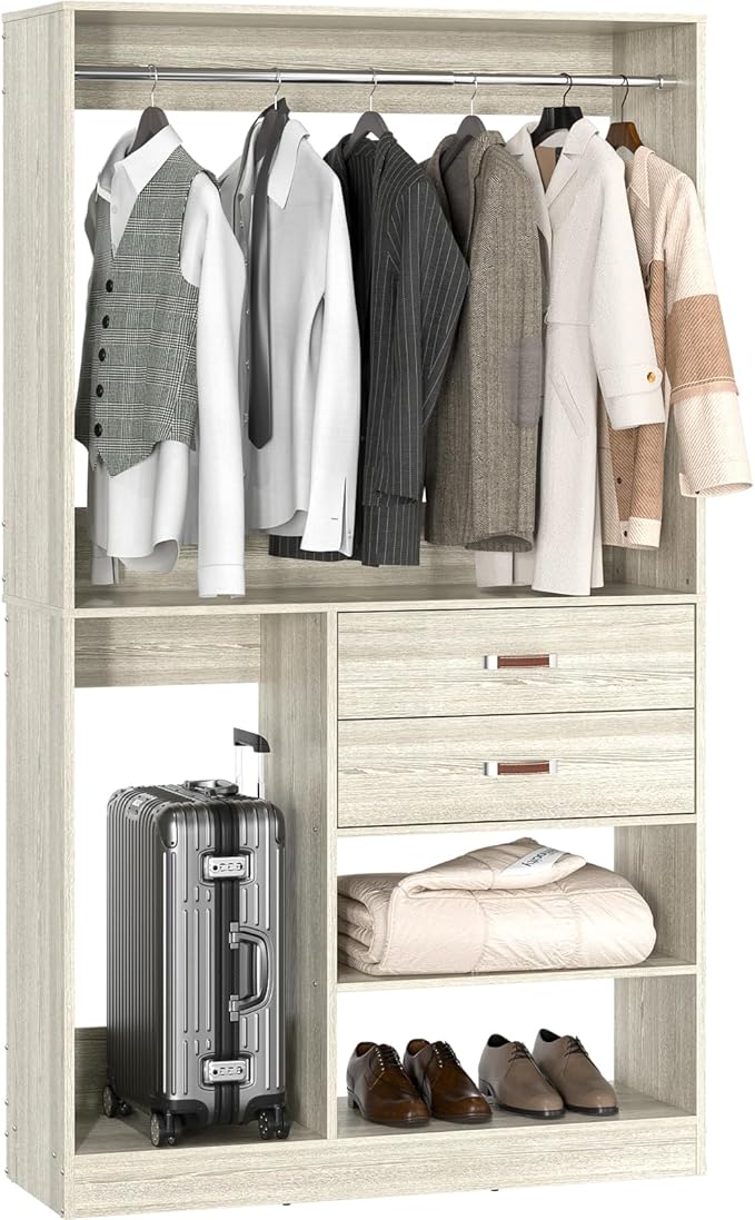 Armocity Freestanding Closet System with Suitcase Storage, 40 Inches Stand-alone Wardrobe with 2 Wood Drawers, 80'' Height Adjustable Cloth Garment Rack, Walk-in Closet with Hanging Rod, White Oak