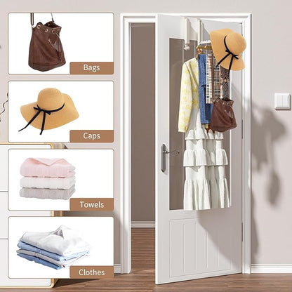 Over The Door Drying Rack, Foldable Portable Over The Door Hooks Hanger with Retractable Hanging Rod, Over The Door Clothes Drying Rack Equipped with Non-Slip Pads for Door Protecter (2, Milky White)