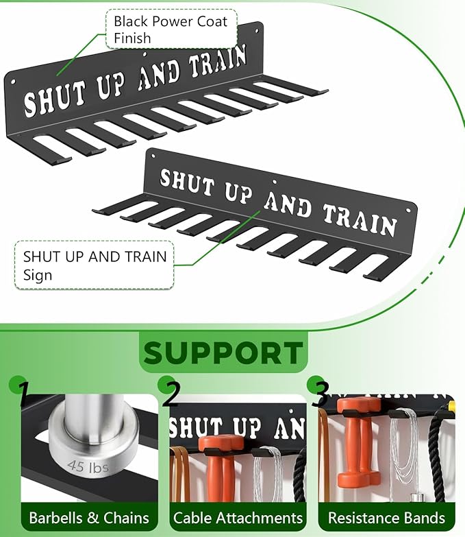 WIPHANY Home Gym Accessories Organization Storage Rack Equipment For Home 8 Hook Wall Hanger Display Gear Barbells Resistance Bands Jump Ropes Lifting Belt Hanger Accessories Hardware Included