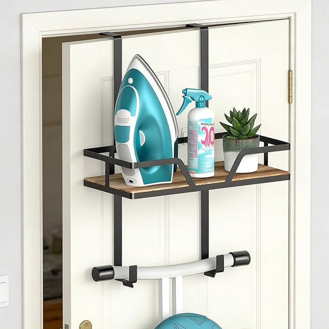 Over The Door & Wall Mount Ironing Board Hanger Wooden & Metal Laundry Room Organizer for Iron Steamer Pressing Accessories, Fits T-Leg Ironing Boards