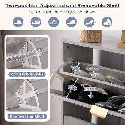Shoe Cabinet with 2 Flip Drawers, Freestanding Shoe Organizer with 4 Wooden feet, Modern Shoes Storage Cabinet for Entryway, Hidden Narrow Shoe Rack Cabinet for Foyer, Hallway, Mudroom, Grey