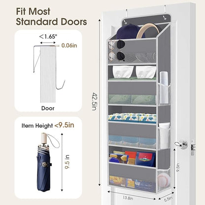 1 Pack Over The Door Organizer, Hanging Storage Organizer with Clear Window, 40lb Ultra Sturdy Large Capacity Room Organizer for Pantry Laundry Bathroom Nursery Closet Baby Essential (Grey)
