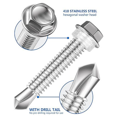 (50Pcs)#14×6" Hex Washer Head Self Drilling Screws, 410 Stainless Steel Metal SheetScrews，TEK Screws, Self Drilling Screws, Self Tapping Screws,Extensions Extra Long Screws