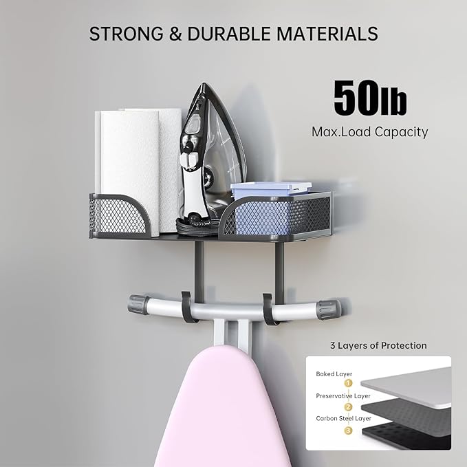 Ironing Board Holder Wall Mount, Metal Ironing Board Hanger, T/V Shaped Space Saving Iron and Iron Holder, Laundry Room Decor and Storage with Large Storage for Laundry/Living Room/Bathroom