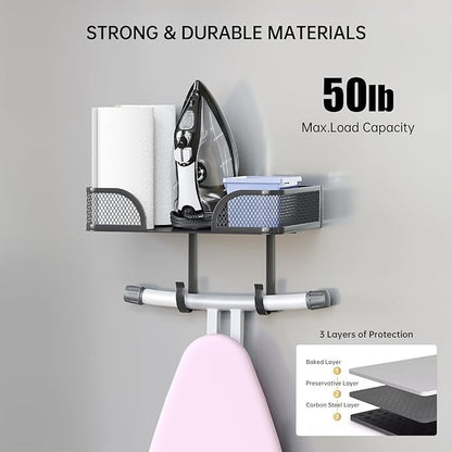 Ironing Board Holder Wall Mount, Metal Ironing Board Hanger, T/V Shaped Space Saving Iron and Iron Holder, Laundry Room Decor and Storage with Large Storage for Laundry/Living Room/Bathroom