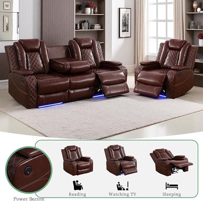2-Piece Power Recliner Sofa Set, Living Room Furniture Sets, Brown Leather Power Reclining Sofa Set with 3 Recliner Seats/Storage Console/Cup Holder/LED Light for Home/RV/Bedroom/Living Room