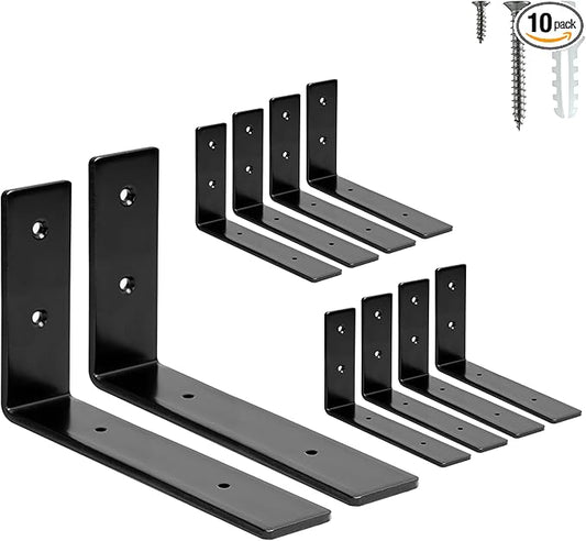 HEART ART 10 Pack Shelf Brackets 6 inch,L Brackets for Shelves,Black Heavy Duty Metal Shelf Brackets,6”x4”x1.4”